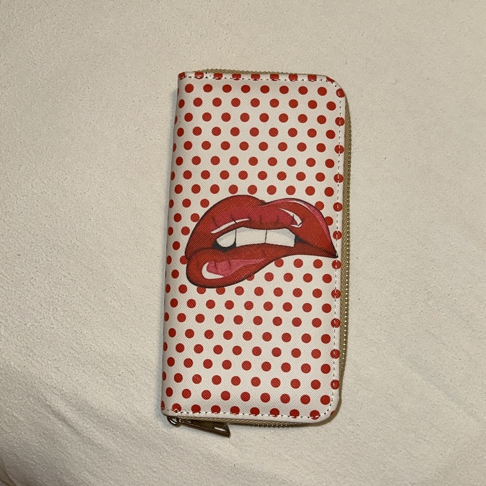 Red polka dot wallet zip around. Reminds me of Rolling Stones Album Cover. - Picture 7 of 8